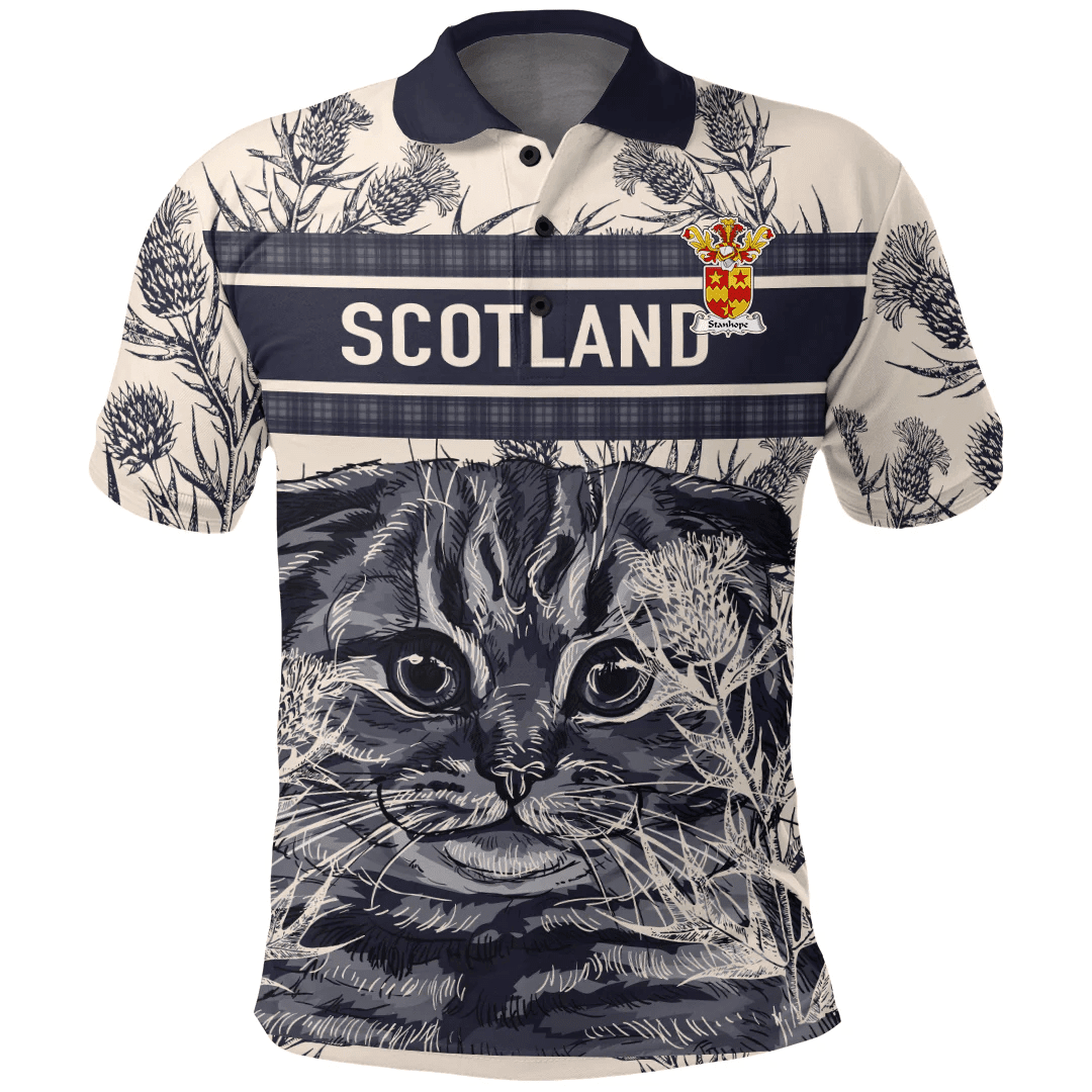 1sttheworld Clothing - Stanhope Family Crest Polo Shirt Scottish Fold Cat and Thistle Drawing Style A7
