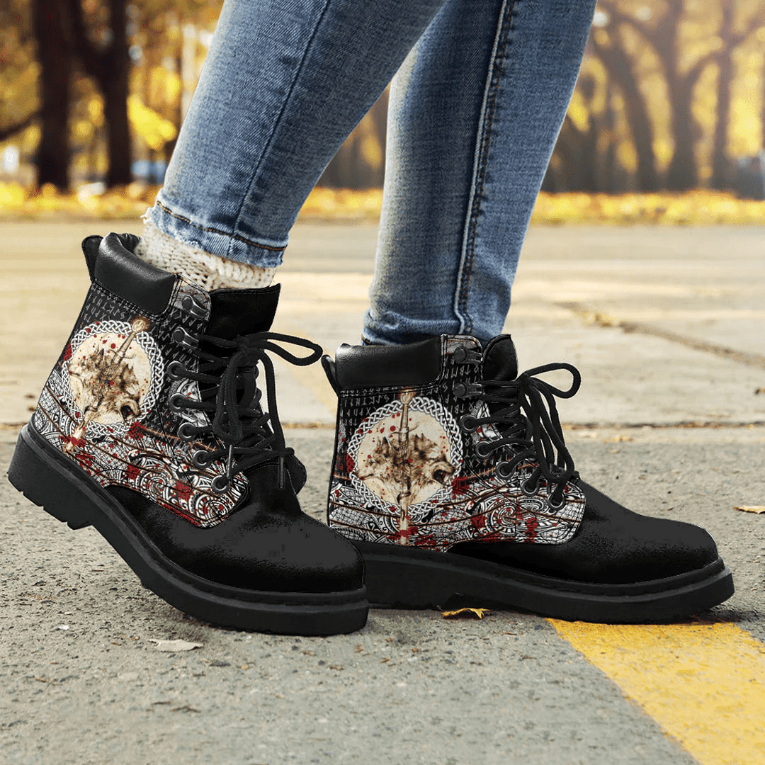 1sttheworld - Boots Wolf And Vikings Tattoo Blood Style All-Season Boots A7
