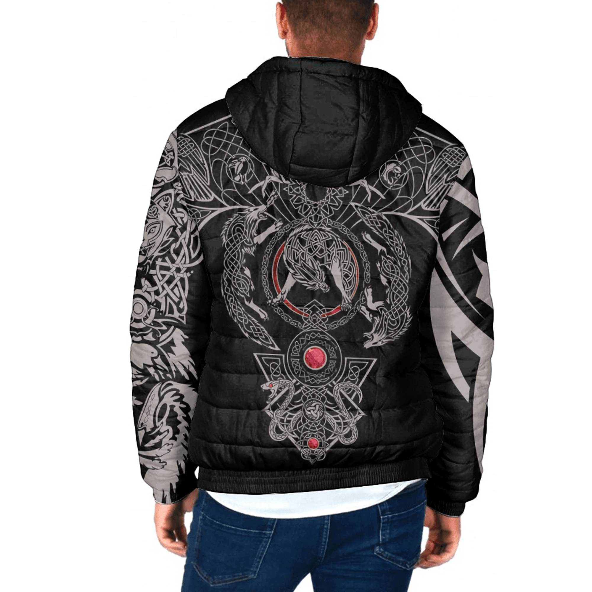 Mjolnir and Fenrir Tattoo Mix Ruby Red Hooded Padded Jacket A35 | 1sttheworld