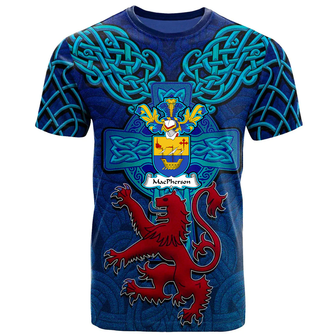 1sttheworld Tee - MacPherson Family Crest Scotland Lion With Celtic Cross T-Shirt A7 | 1sttheworld