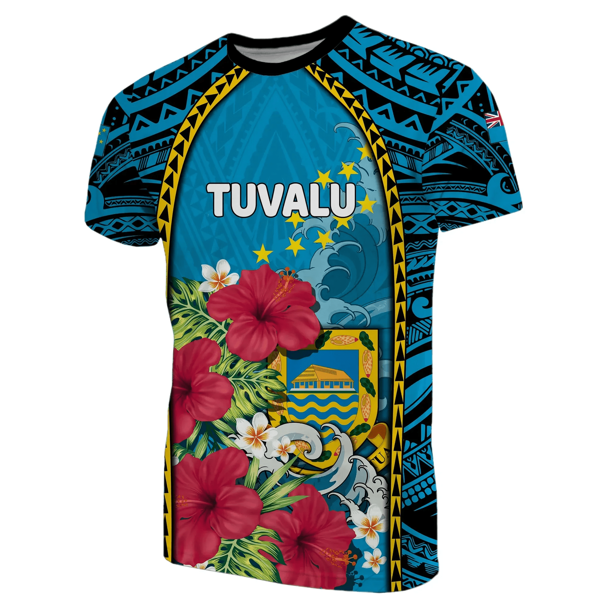 Tuvalu T-Shirt Coat Of Arms Polynesian With Hibiscus And Waves TH65