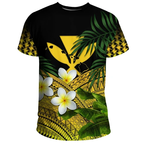 (Custom) Kanaka Maoli (Hawaiian) T-Shirts, Polynesian Plumeria Banana Leaves Yellow Personal Signature A02