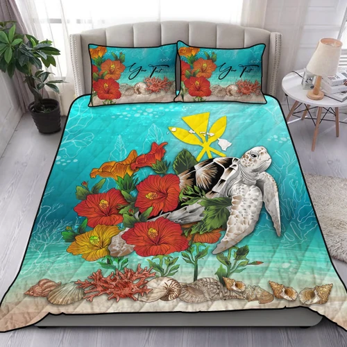 (Custom) Hawaii Quilt Bed Set - Ocean Turtle Hibiscus Personal Signature A24