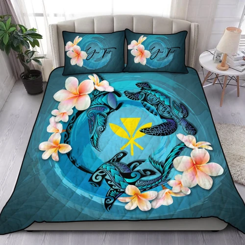 (Custom) Hawaii Quilt Bed Set - Blue Plumeria Animal Tattoo Personal Signature A24