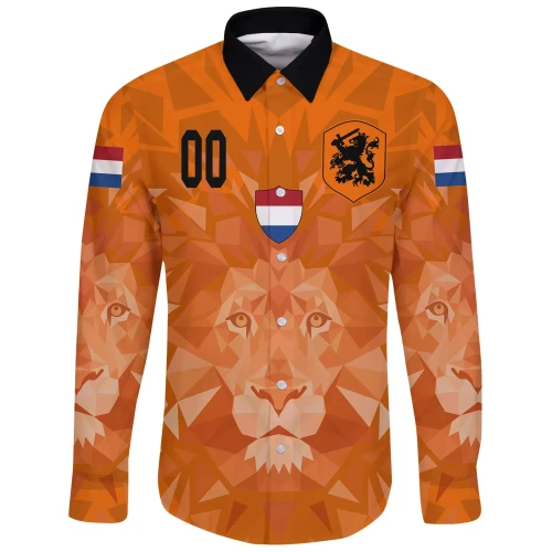 (Custom) Netherlands Lion Long Sleeve Button Shirt Euro Soccer A27
