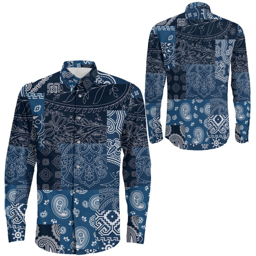 1sttheworld Shirt - Blue Paisley Bandana Kerchief Fabric Patchwork Long Sleeve Button Shirt A31