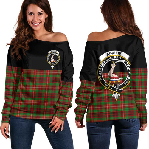 1sttheworld Clothing - Ainslie Clan Tartan Crest Off Shoulder Sweatshirt - Special Version A7