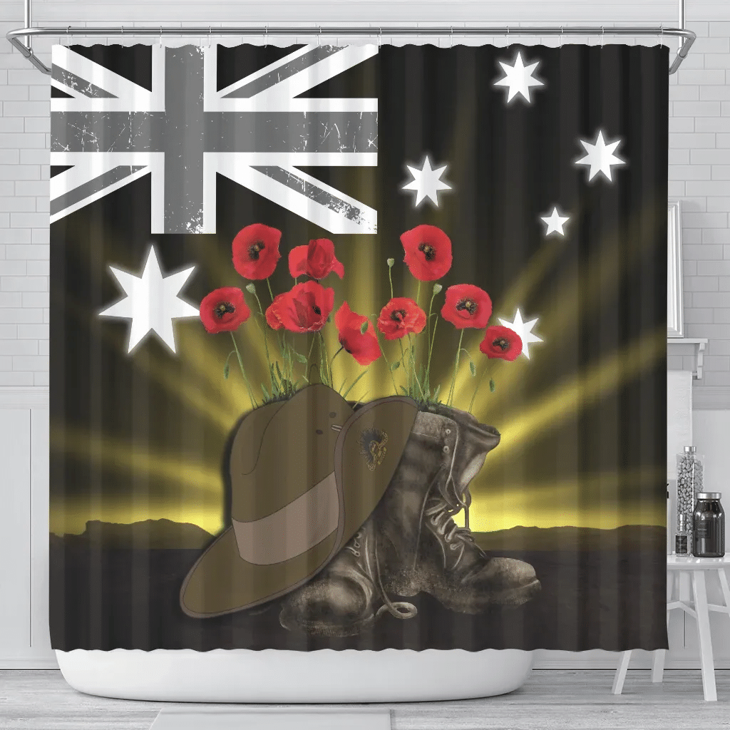 1sttheworld Australia Anzac Day Shower Curtain - Lest We Forget Hat And Boots Poppies A24