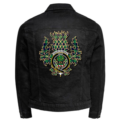 1sttheworld Jacket - Abercrombie Clan Tartan Crest Black Denim Jacket - Scottish Thistle A7