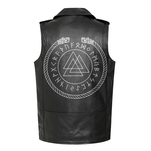 1sttheworld Clothing - Viking Classic Nordic Viking Rune Symbol Valknut Viking Bangle Leather Sleeveless Biker Jacket A35