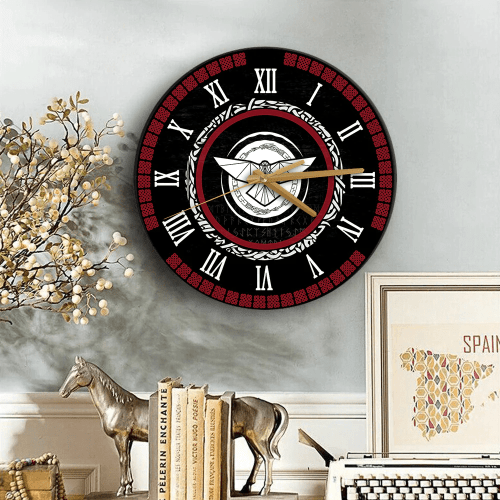 1sttheworld Clock - A Raven With Open Wings Against Sacred Sign Of Vikings Wooden Clock (Gold) A35
