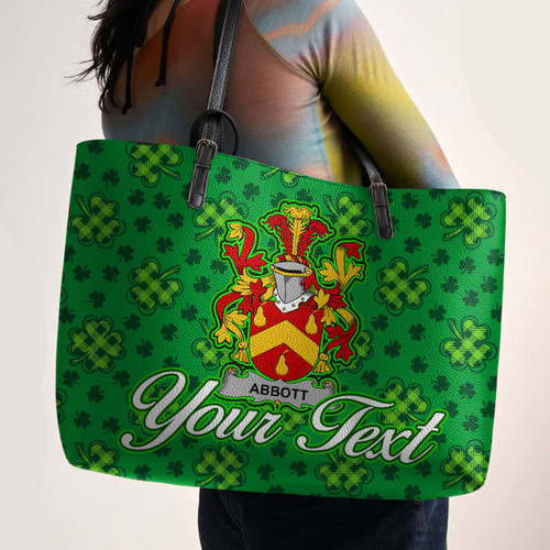 Ireland Abbott Irish Family Crest Leather Tote Bag - Pretty Green Plaid Irish Shamrock A7
