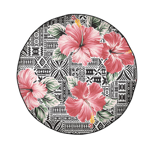1sttheworld Spare Tire Cover - Pink Hibiscus Flower With Hawaiian Tribal A31