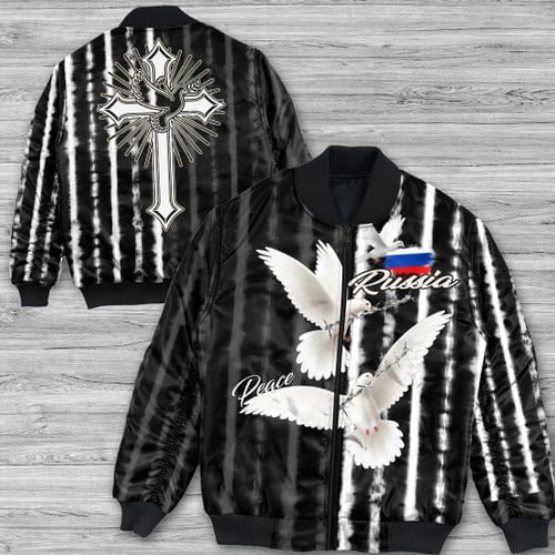 Russia Bomber Jacket - Christian Dove Of Peace Jesus Cross - Wash Tie Dye Style A7
