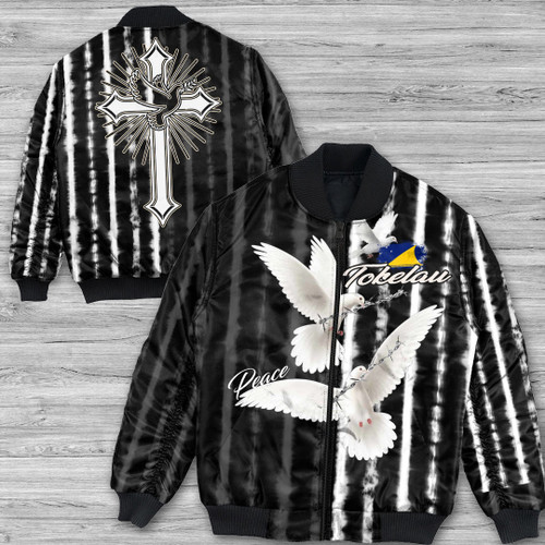 Tokelau Bomber Jacket - Christian Dove Of Peace Jesus Cross - Wash Tie Dye Style A7