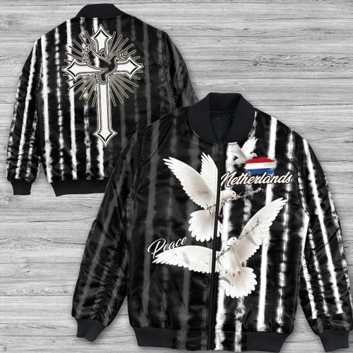 Netherlands Bomber Jacket - Christian Dove Of Peace Jesus Cross - Wash Tie Dye Style A7