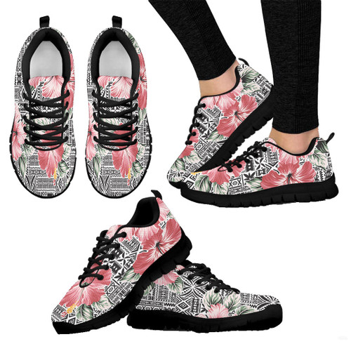 1sttheworld Sneaker - Pink Hibiscus Flower With Hawaiian Tribal A31