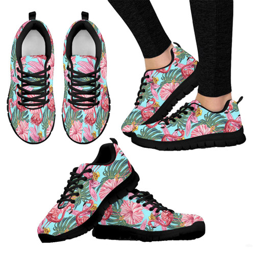 1sttheworld Sneaker - Pink Flamingos with Tropical Flowers A31