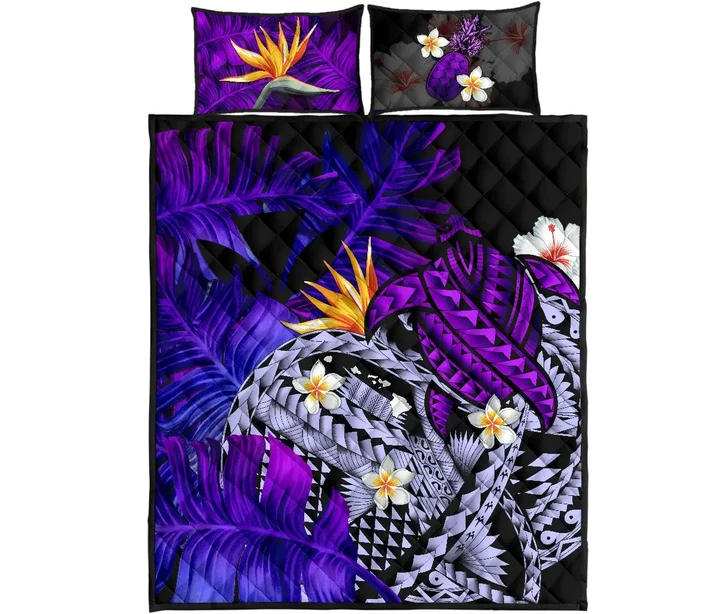 Kanaka Maoli (Hawaiian) Quilt Bed Set, Polynesian Pineapple Banana Leaves Turtle Tattoo Purple A02