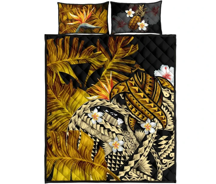 Kanaka Maoli (Hawaiian) Quilt Bed Set, Polynesian Pineapple Banana Leaves Turtle Tattoo Yellow A02