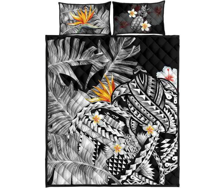 Kanaka Maoli (Hawaiian) Quilt Bed Set, Polynesian Pineapple Banana Leaves Turtle Tattoo Gray A02