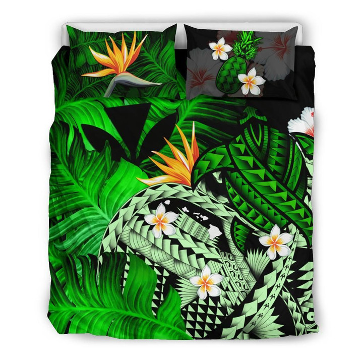 Kanaka Maoli (Hawaiian) Bedding Set, Polynesian Pineapple Banana Leaves Turtle Tattoo Green A02