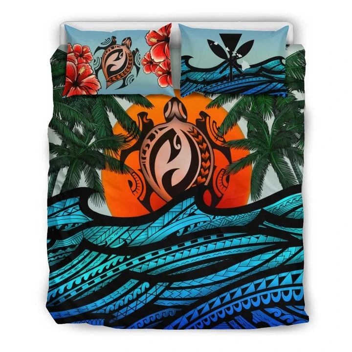 Kanaka Maoli (Hawaiian) Bedding Set - Polynesian Waves Turtle Coconut Tree And Hibiscus | Love The World