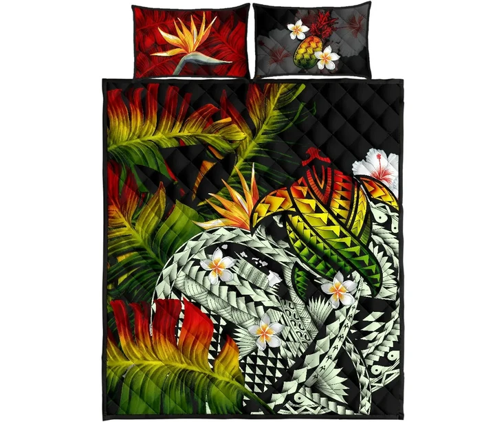 Kanaka Maoli (Hawaiian) Quilt Bed Set, Polynesian Pineapple Banana Leaves Turtle Tattoo Reggae A02