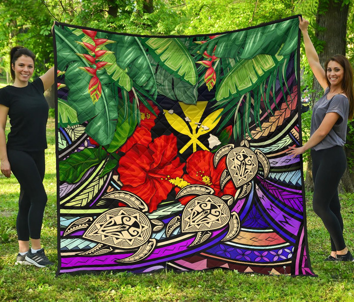 Kanaka Maoli (Hawaiian) Premium Quilt - Polynesian Turtle Colorful And Hibiscus| Love The World