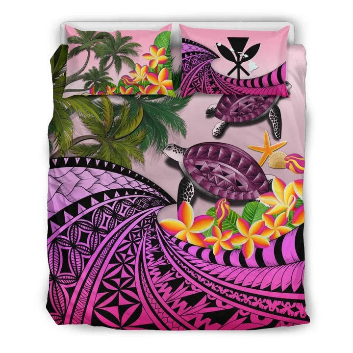Kanaka Maoli (Hawaiian) Bedding Set - Polynesian Turtle Coconut Tree And Plumeria Pink | Love The World