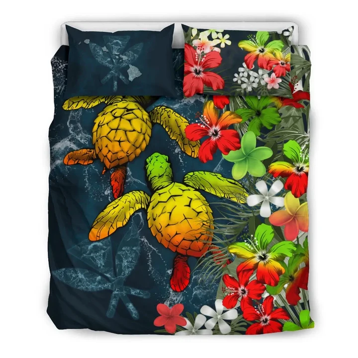 Kanaka Maoli (Hawaiian) Bedding Set - Sea Turtle Tropical Hibiscus And Plumeria | Love The World