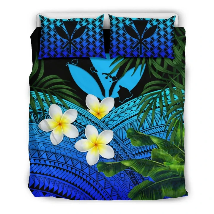 Kanaka Maoli (Hawaiian) Bedding Set, Polynesian Plumeria Banana Leaves Blue | Love The World