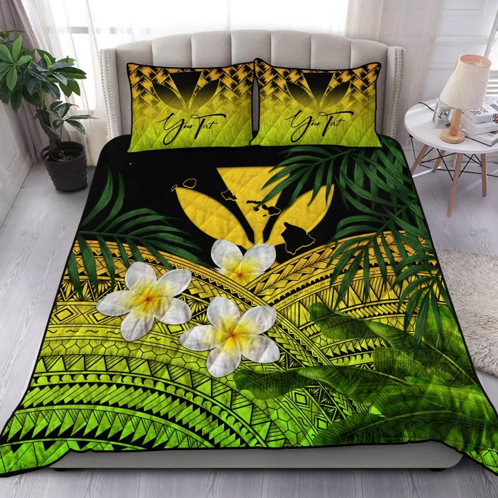 (Custom) Kanaka Maoli (Hawaiian) Quilt Bed Set, Polynesian Plumeria Banana Leaves Yellow Personal Signature A02