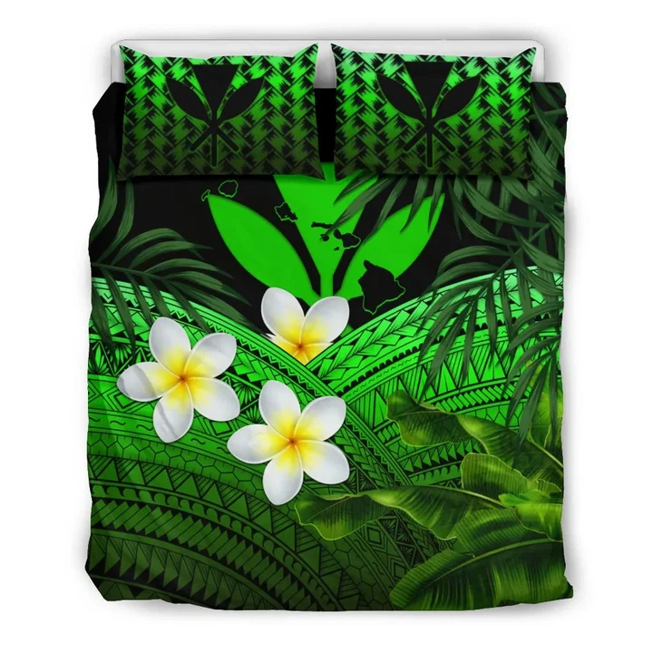 Kanaka Maoli (Hawaiian) Bedding Set, Polynesian Plumeria Banana Leaves Green | Love The World