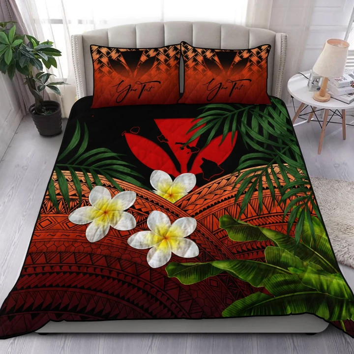 (Custom) Kanaka Maoli (Hawaiian) Quilt Bed Set, Polynesian Plumeria Banana Leaves Red Personal Signature A02