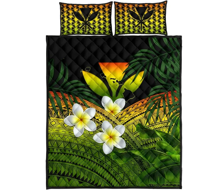 Kanaka Maoli (Hawaiian) Quilt Bed Set, Polynesian Plumeria Banana Leaves Reggae | Love The World