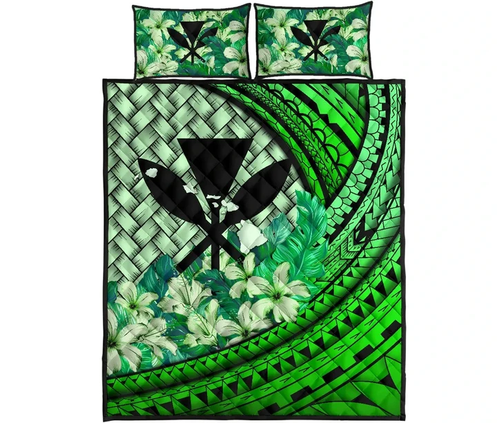 Kanaka Maoli (Hawaiian) - Quilt bed Set Lauhala Polynesian Hibiscus Green | Love The World
