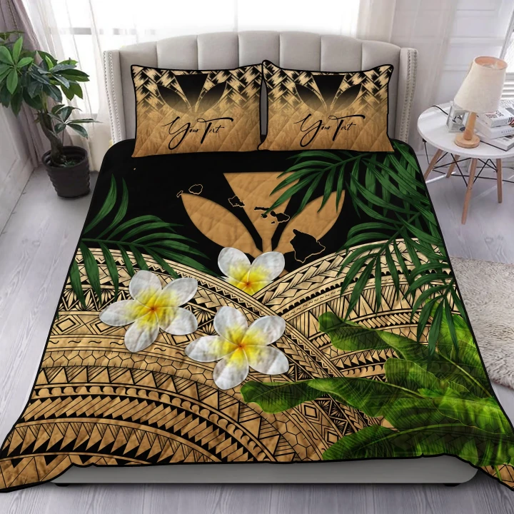 (Custom) Kanaka Maoli (Hawaiian) Quilt Bed Set, Polynesian Plumeria Banana Leaves Gold Personal Signature A02
