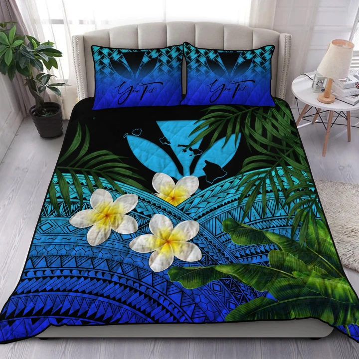 (Custom) Kanaka Maoli (Hawaiian) Quilt Bed Set, Polynesian Plumeria Banana Leaves Blue Personal Signature A02