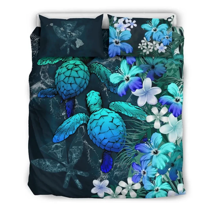 Kanaka Maoli (Hawaiian) Bedding set - Sea Turtle Tropical Hibiscus And Plumeria Blue A24