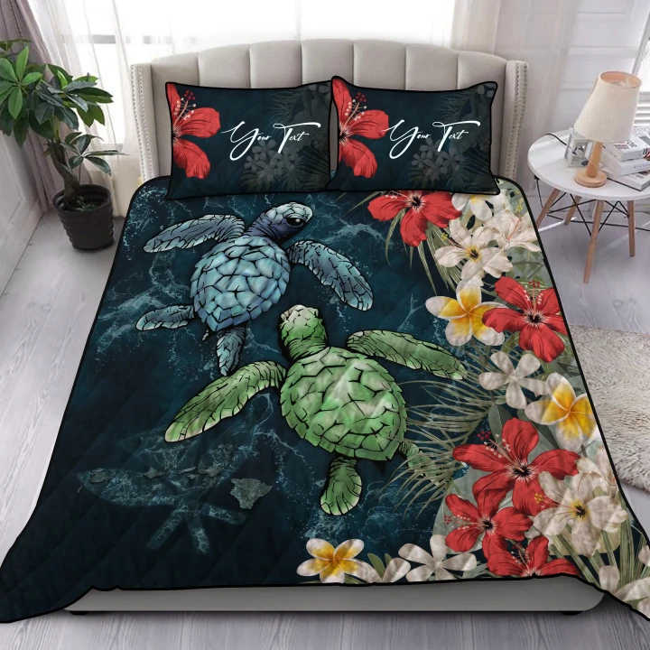Kanaka Maoli (Hawaiian) Quilt Bed Set - Sea Turtle Tropical Hibiscus And Plumeria Personal Signature | Love The World