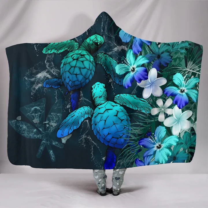 Kanaka Maoli (Hawaiian) Hooded Blanket - Sea Turtle Tropical Hibiscus And Plumeria Blue | Love The World