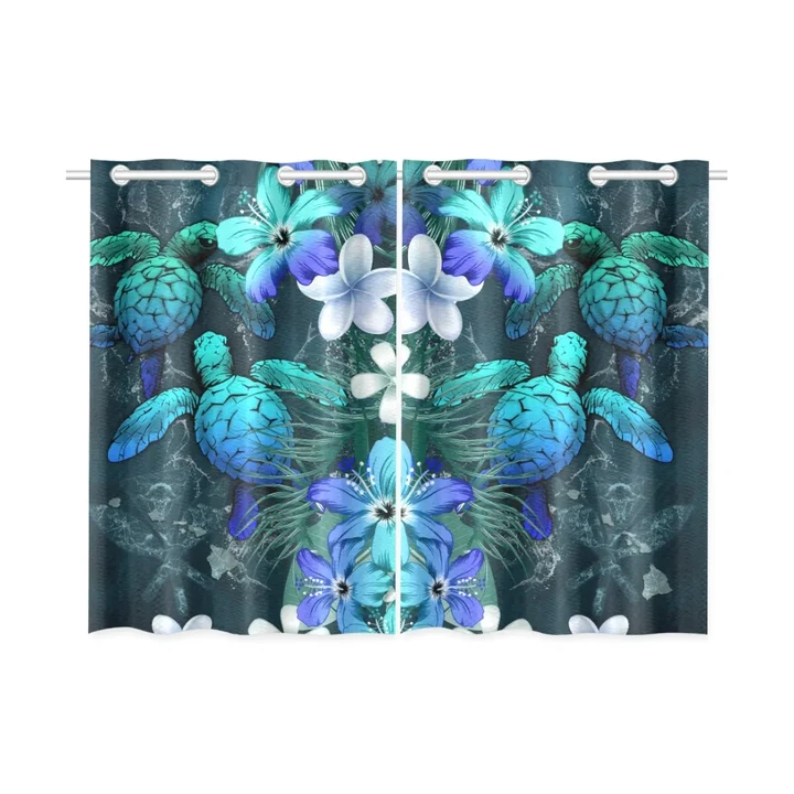 Kanaka Maoli (Hawaiian) Window Curtain - Sea Turtle Tropical Hibiscus And Plumeria Blue | Love The World