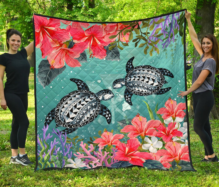 Kanaka Maoli (Hawaiian) Premium Quilt - Polynesian Turtle Hibiscus And Seaweed | Love The World