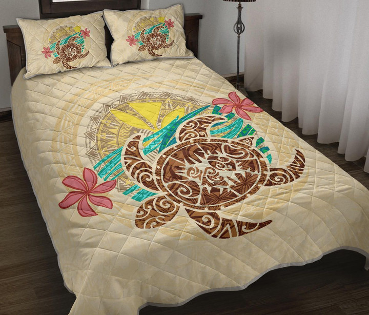 Kanaka Maoli (Hawaii) Quilt Bed Set - Turtle Polynesian Flower Tattoo Beige A10