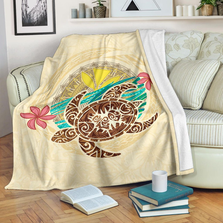 Kanaka Maoli (Hawaii) Premium Blanket - Turtle Polynesian Flower Tattoo Beige A10