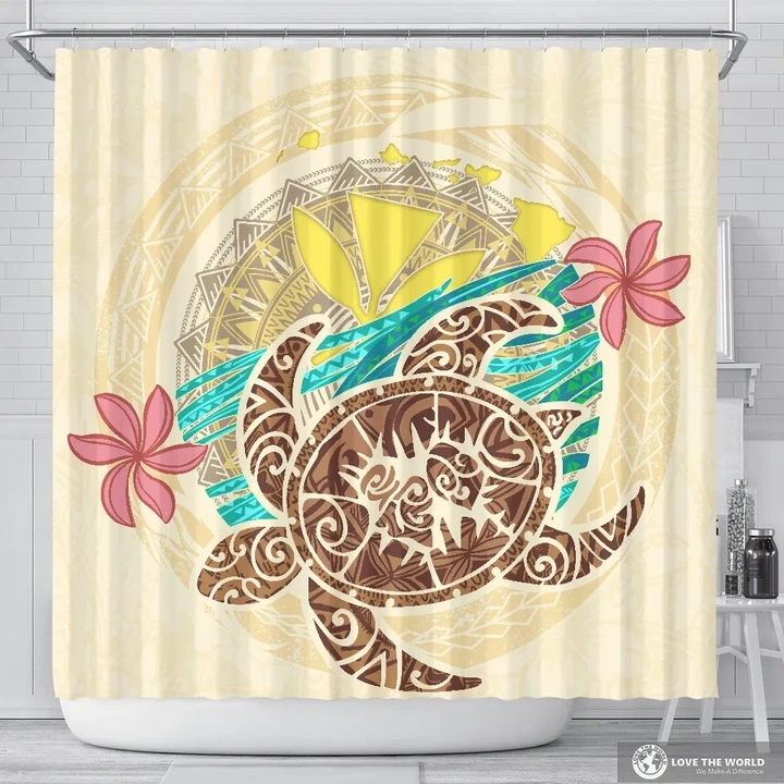 Kanaka Maoli (Hawaii) Shower Curtain - Turtle Polynesian Flower Tattoo Beige A10