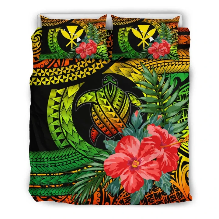 Kanaka Maoli (Hawaiian) Bedding Set - Polynesian Turtle Hibiscus Reggae | Love The World