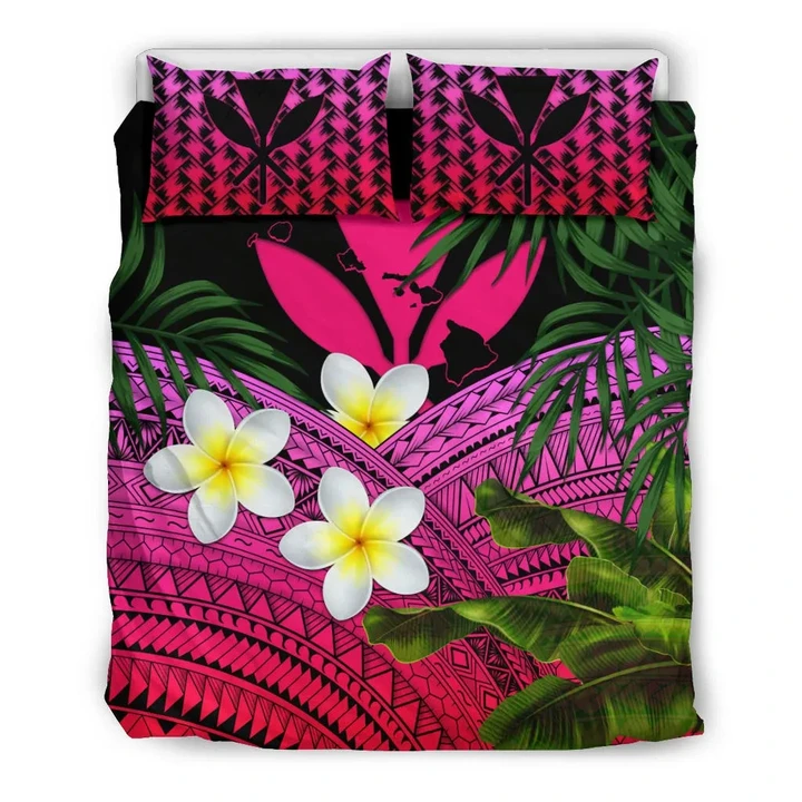 Kanaka Maoli (Hawaiian) Bedding Set, Polynesian Plumeria Banana Leaves Pink