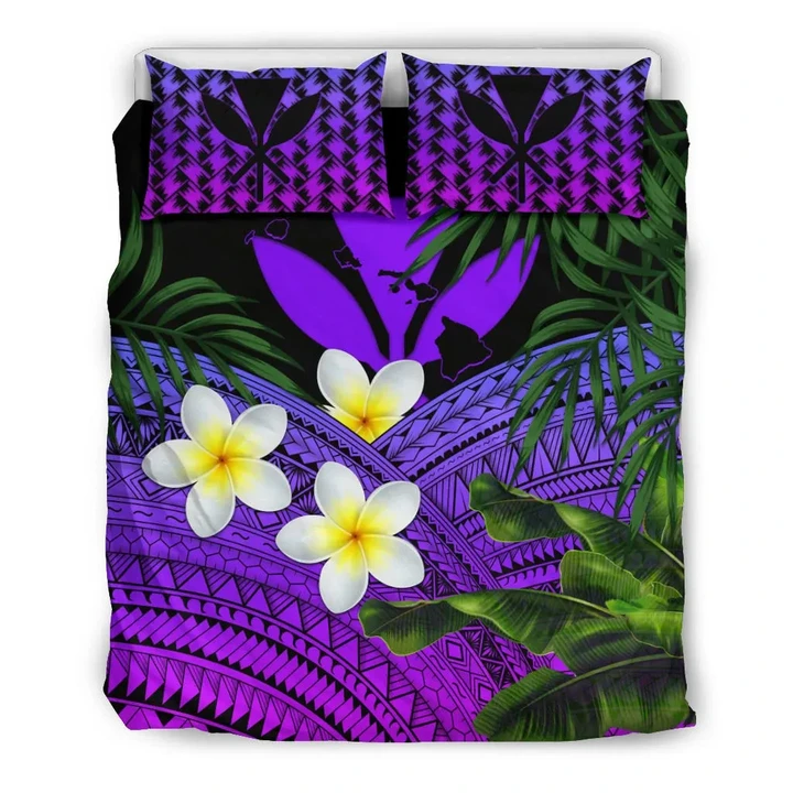 Kanaka Maoli (Hawaiian) Bedding Set, Polynesian Plumeria Banana Leaves Purple